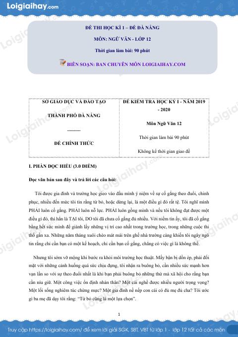 Giải đề thi học kì 1 Ngữ văn lớp 12 năm 2019 - 2020 Sở GD và ĐT Đà Nẵng